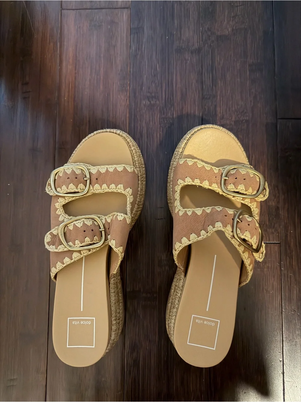 Dolce Vita Tan and Cream Double-Buckle Slide Sandals